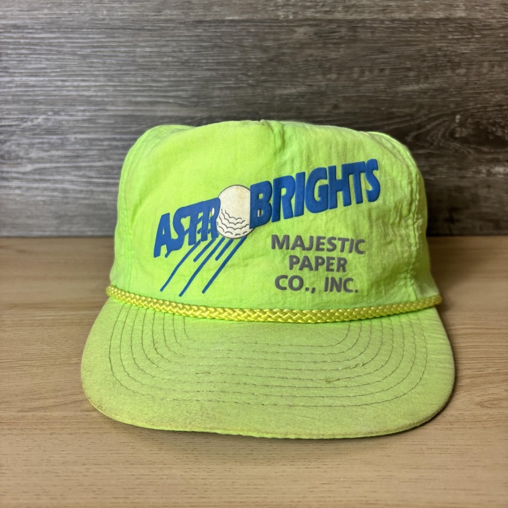 VINTAGE Astrobrights Hat Cap Strap Back Neon Green Rope Advertising Mens 80s